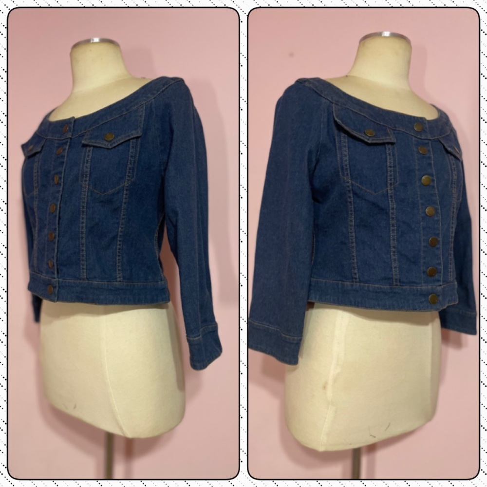 💄👖👠JEANS JACKET WITH BOAT NECK COLLAR TAGS Sz 10 💖PRELOVED💖